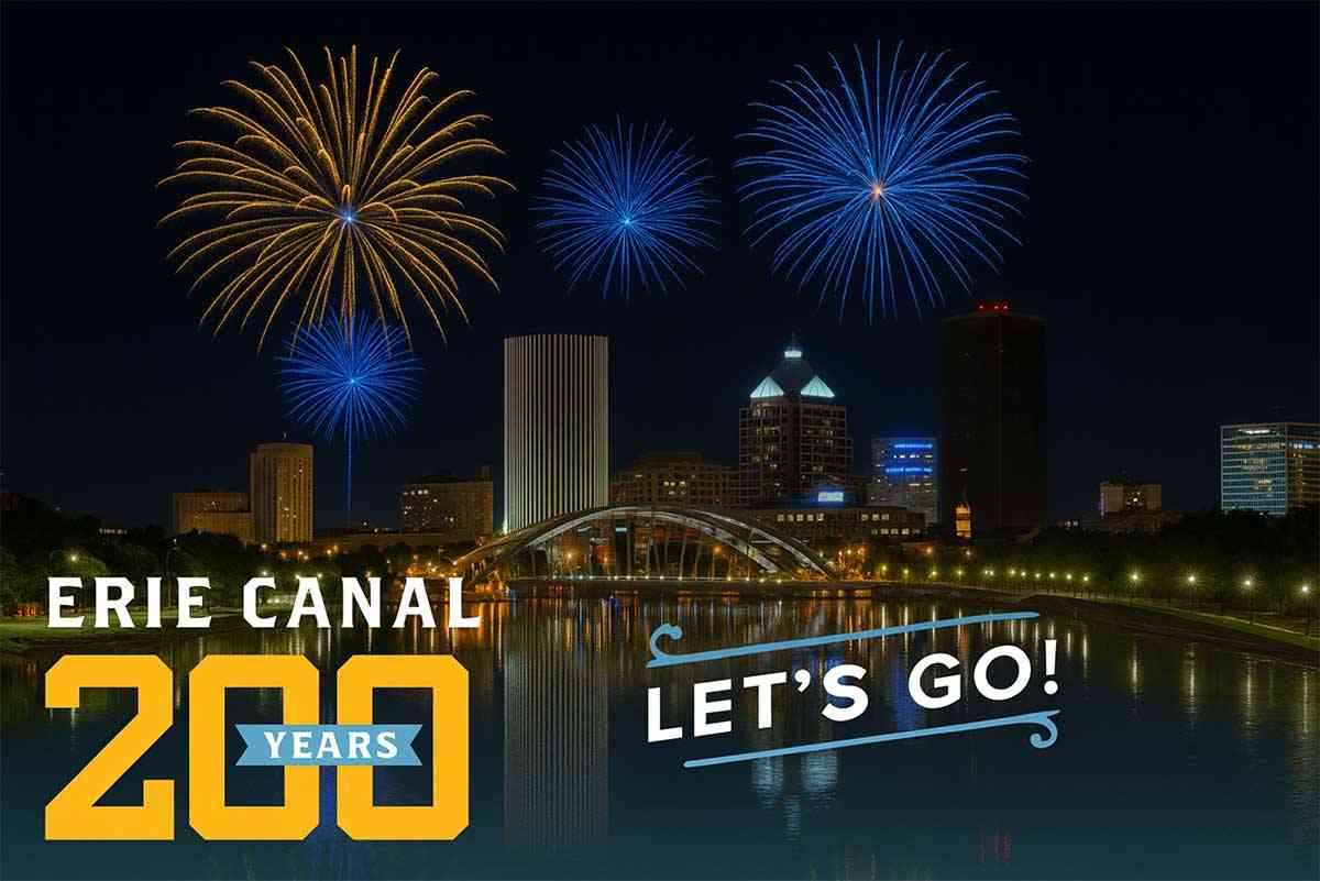 Rochester skyline fireworks Erie Canal 200 Years Lets Go